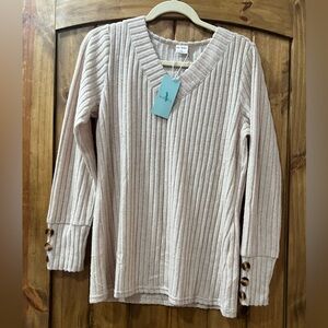 NWT WIHOLL Cream Ribbed V-Neck Sweater with Button Accents